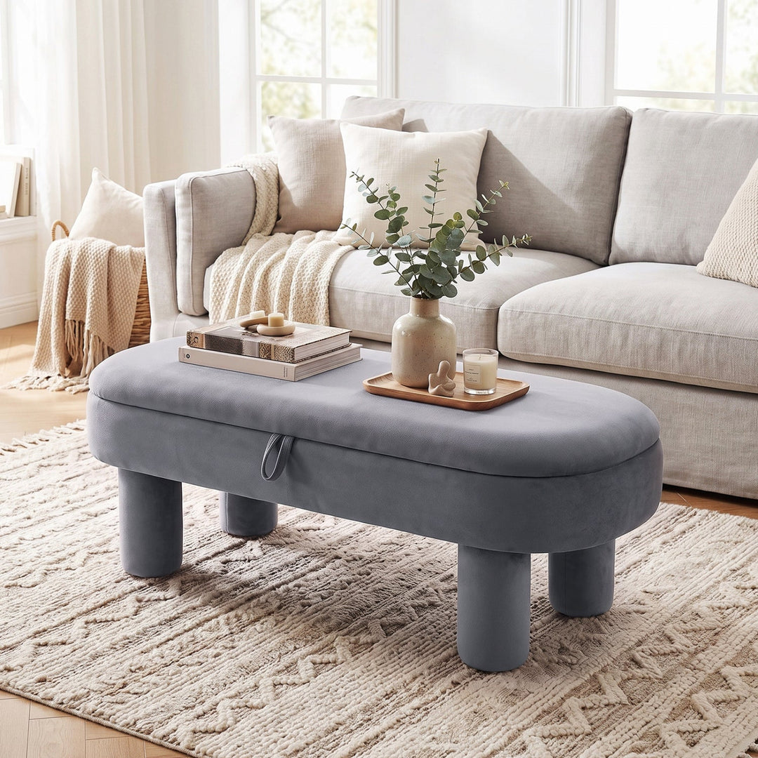 Oval Storage Ottoman Bench with Upholstered Velvet Seat