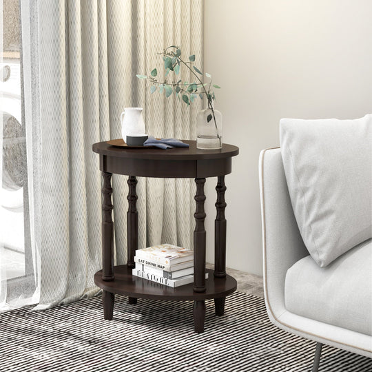Oval Side Table with Storage Shelf and Wood Legs