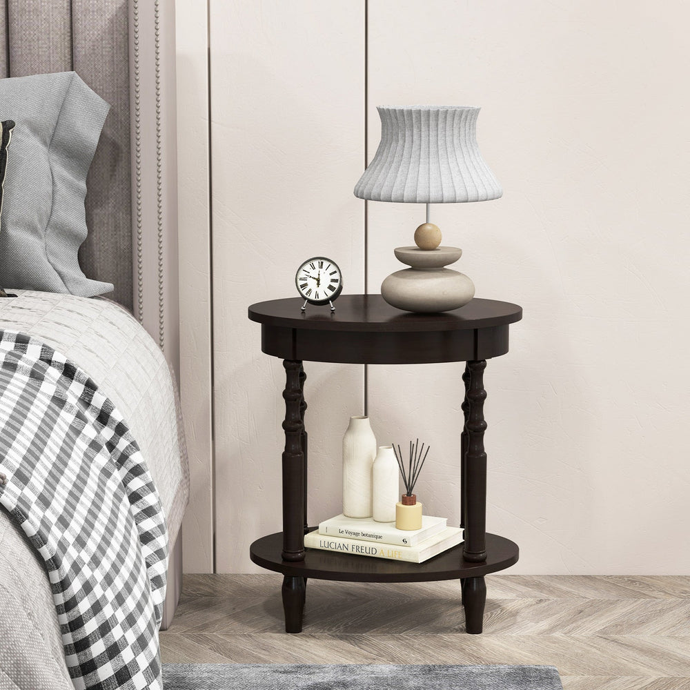 Oval Side Table with Storage Shelf and Wood Legs