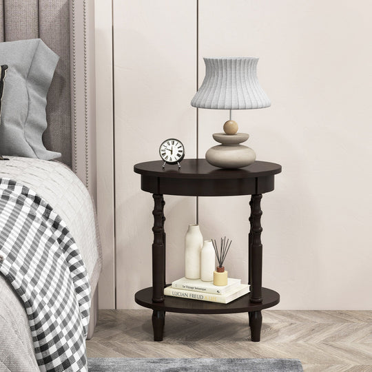 Oval Side Table with Storage Shelf and Wood Legs