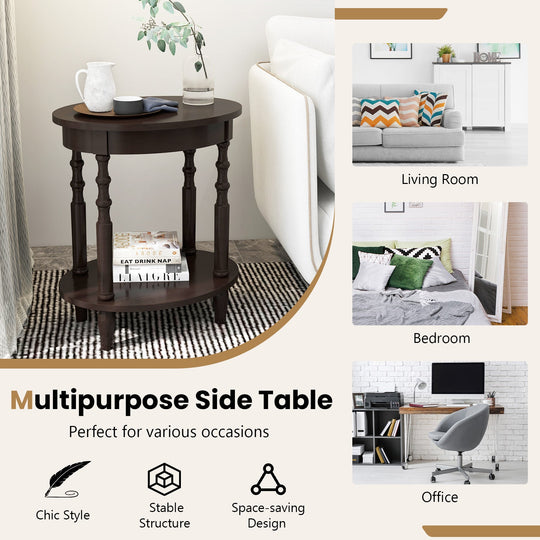 Oval Side Table with Storage Shelf and Wood Legs