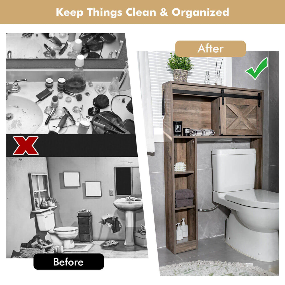 4-Tier Over The Toilet Storage Cabinet with Sliding Barn Door and Storage Shelves