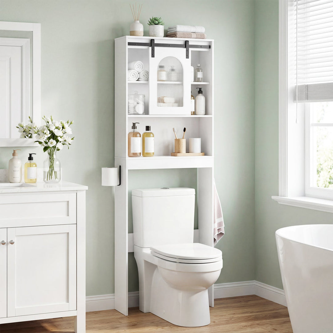 Over Toilet Storage Cabinet with Sliding Barn Door and Open Shelves for Bathroom