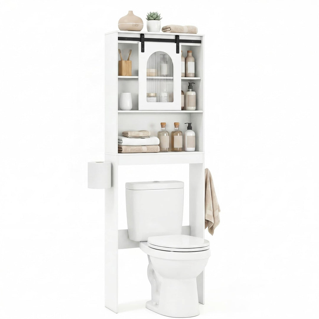 Over Toilet Storage Cabinet with Sliding Barn Door and Open Shelves for Bathroom