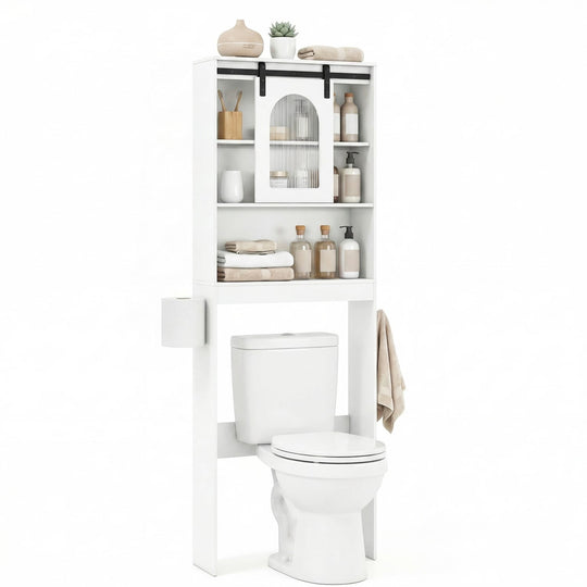 Over Toilet Storage Cabinet with Sliding Barn Door and Open Shelves for Bathroom