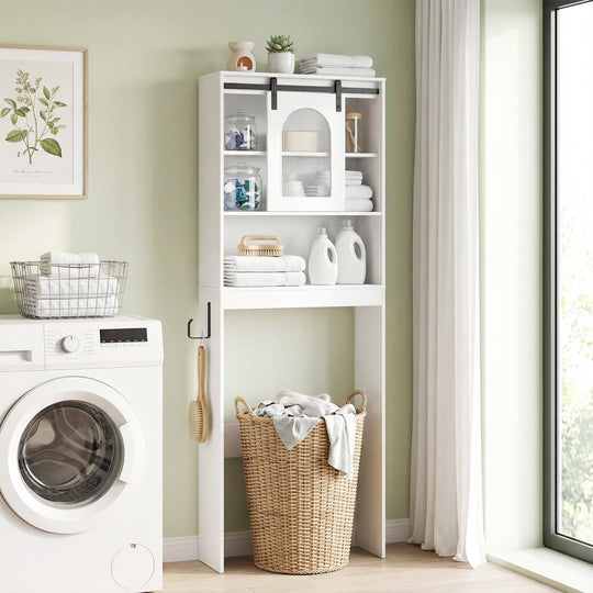 Over Toilet Storage Cabinet with Sliding Barn Door and Open Shelves for Bathroom