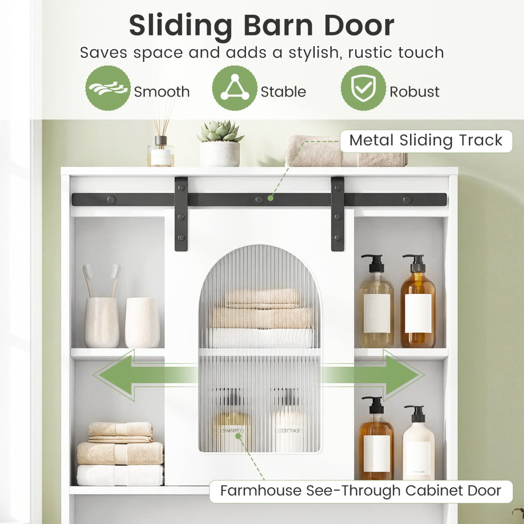 Over Toilet Storage Cabinet with Sliding Barn Door and Open Shelves for Bathroom