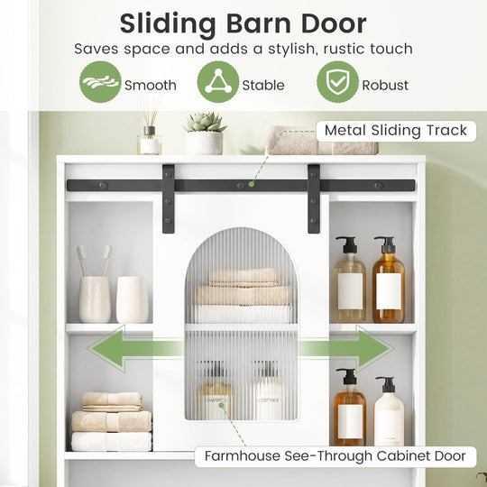Over Toilet Storage Cabinet with Sliding Barn Door and Open Shelves for Bathroom