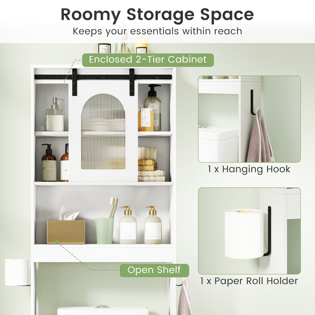 Over Toilet Storage Cabinet with Sliding Barn Door and Open Shelves for Bathroom