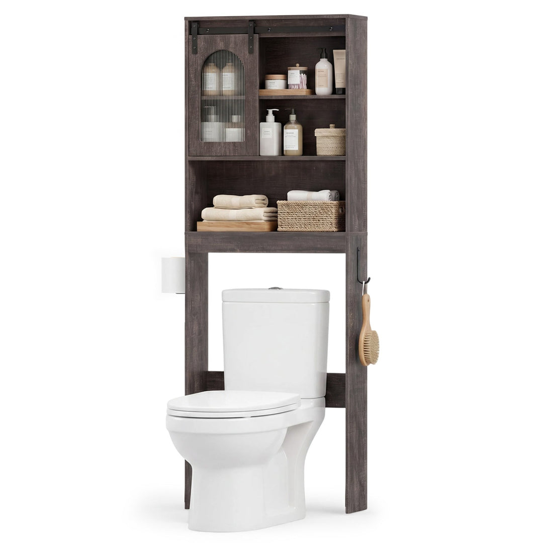 Over Toilet Storage Cabinet with Sliding Barn Door and Open Shelves for Bathroom
