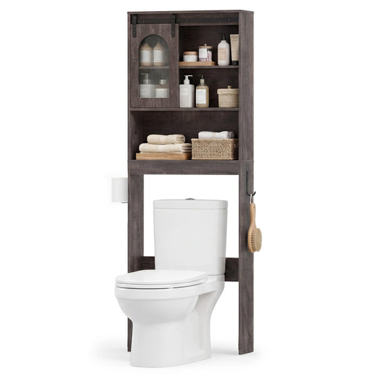 Over Toilet Storage Cabinet with Sliding Barn Door and Open Shelves for Bathroom