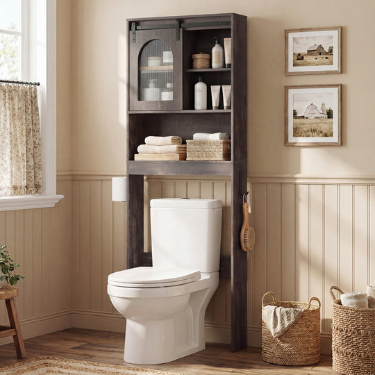Over Toilet Storage Cabinet with Sliding Barn Door and Open Shelves for Bathroom
