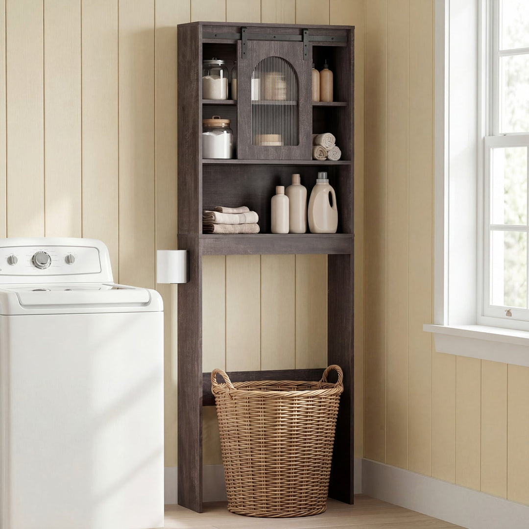 Over Toilet Storage Cabinet with Sliding Barn Door and Open Shelves for Bathroom