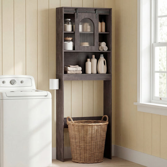 Over Toilet Storage Cabinet with Sliding Barn Door and Open Shelves for Bathroom
