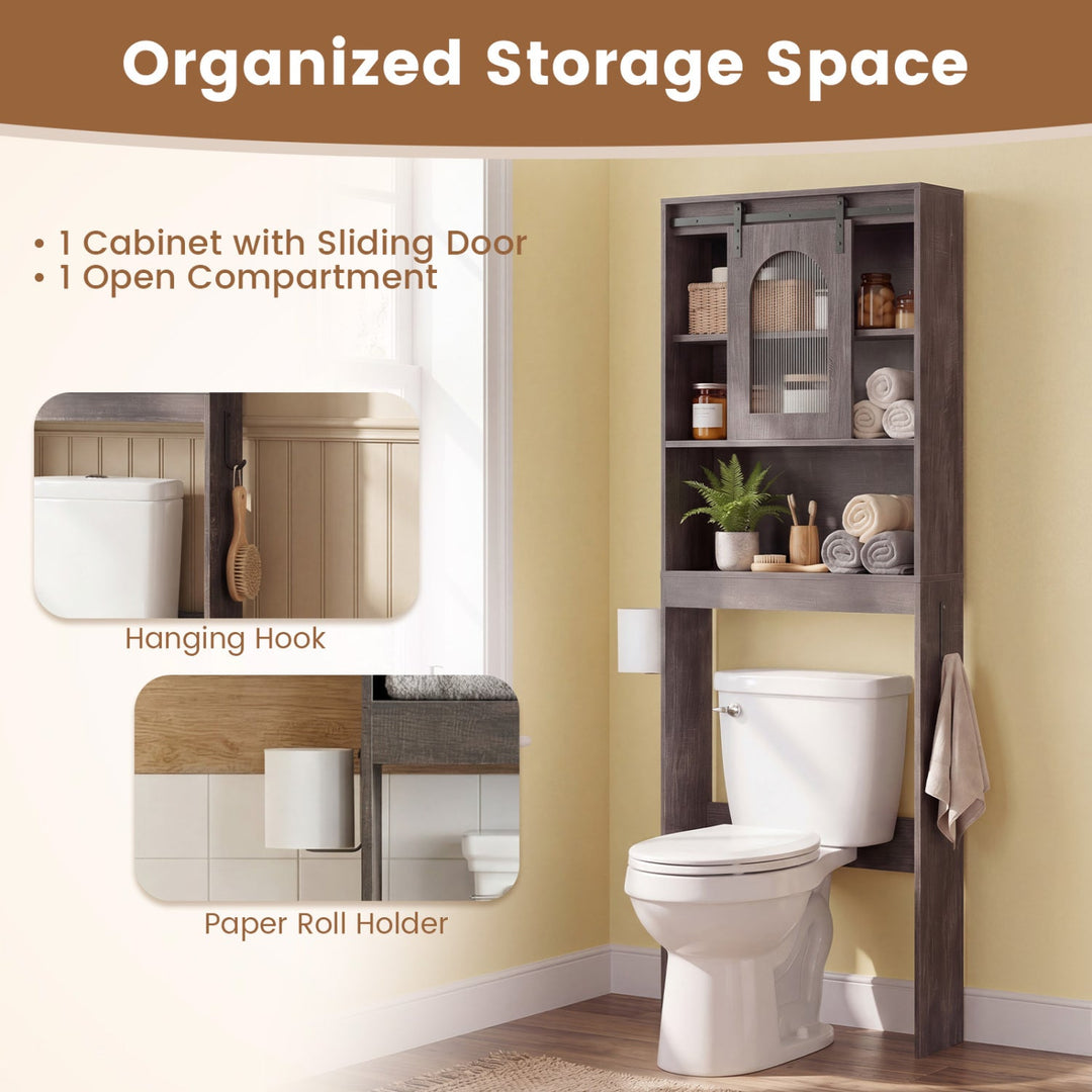 Over Toilet Storage Cabinet with Sliding Barn Door and Open Shelves for Bathroom