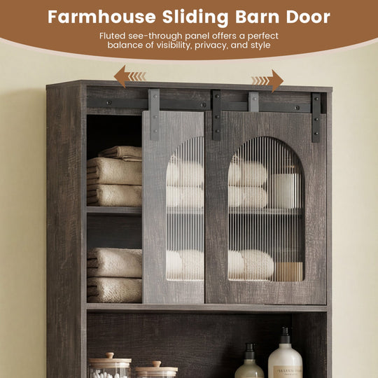Over Toilet Storage Cabinet with Sliding Barn Door and Open Shelves for Bathroom