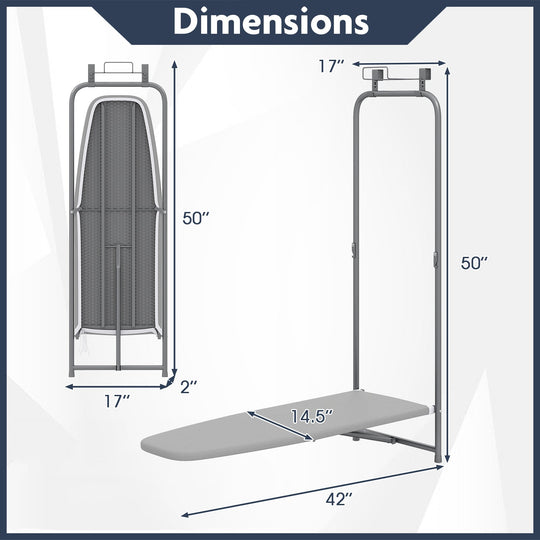 Over the Door Ironing Board Space-Saving Metal Hanging Ironing Board-Gray
