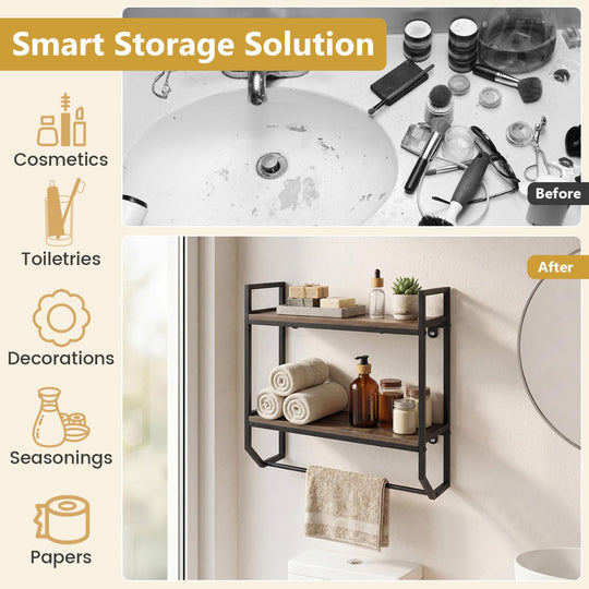 Over the Toilet Wall Mounted Shelf with Towel Bar - Gray