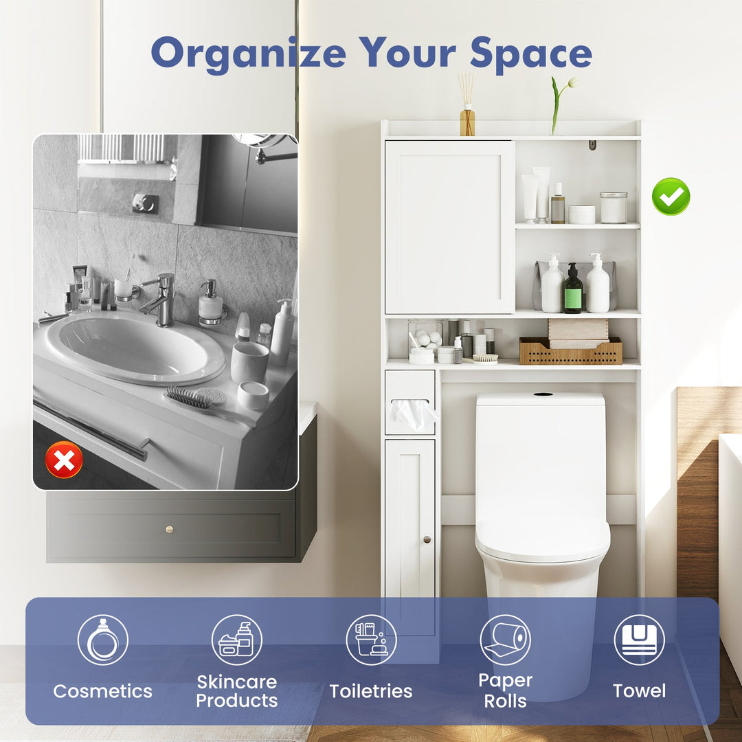 Over-the-Toilet Storage Cabinet Standing Toilet Rack with Sliding Door-White