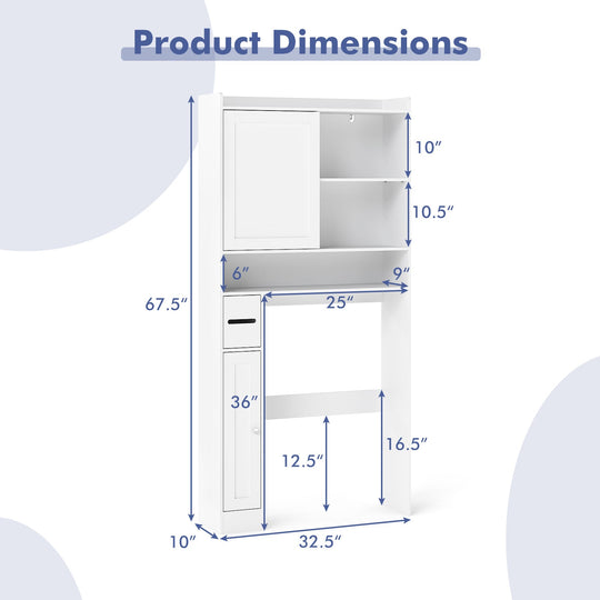Over-the-Toilet Storage Cabinet Standing Toilet Rack with Sliding Door-White