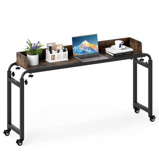 Overbed Desk with Wheels Queen Size Mobile Bed Desk with Adjustable Height-Brown