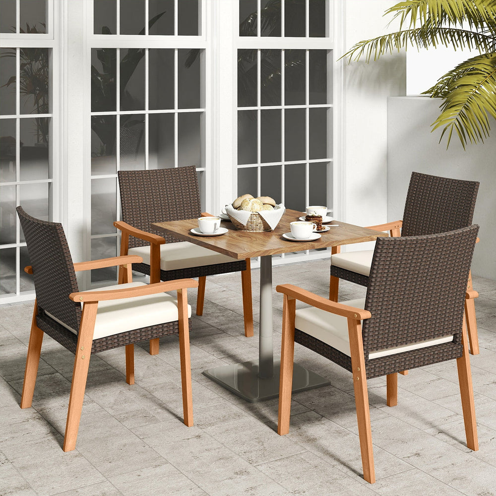 PE Rattan Outdoor Patio Dining Chair Set of 2 with Removable Cushion and Acacia Wood Armrests-White