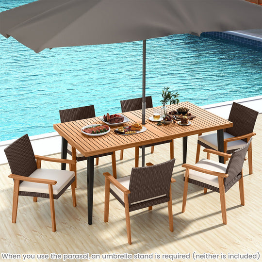 PE Rattan Outdoor Patio Dining Chair Set of 2 with Removable Cushion and Acacia Wood Armrests-White