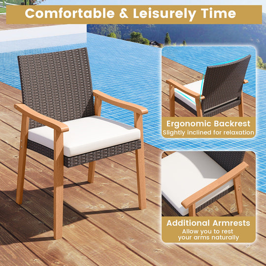PE Rattan Outdoor Patio Dining Chair Set of 4 with Removable Cushion and Acacia Wood Armrests-White