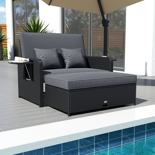 PE Wicker Outdoor Daybed with 4-Level Adjustable Backrest and Storage Ottoman