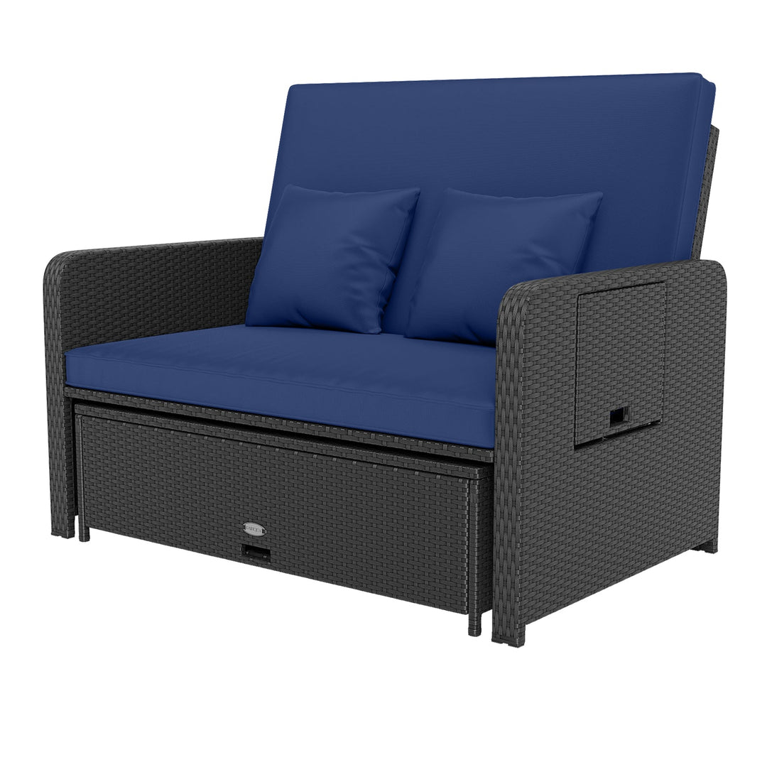 PE Wicker Outdoor Daybed with 4-Level Adjustable Backrest and Storage Ottoman