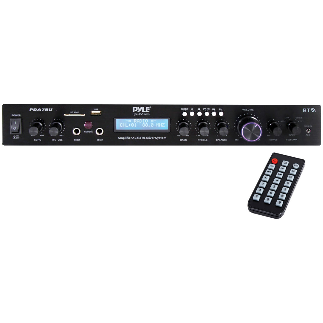 Pyle 2.1-Channel 200W Bluetooth Stereo Amplifier Receiver with FM Radio, USB/SD, Mic Inputs & Remote