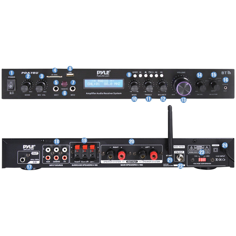 Pyle 2.1-Channel 200W Bluetooth Stereo Amplifier Receiver with FM Radio, USB/SD, Mic Inputs & Remote - view 2