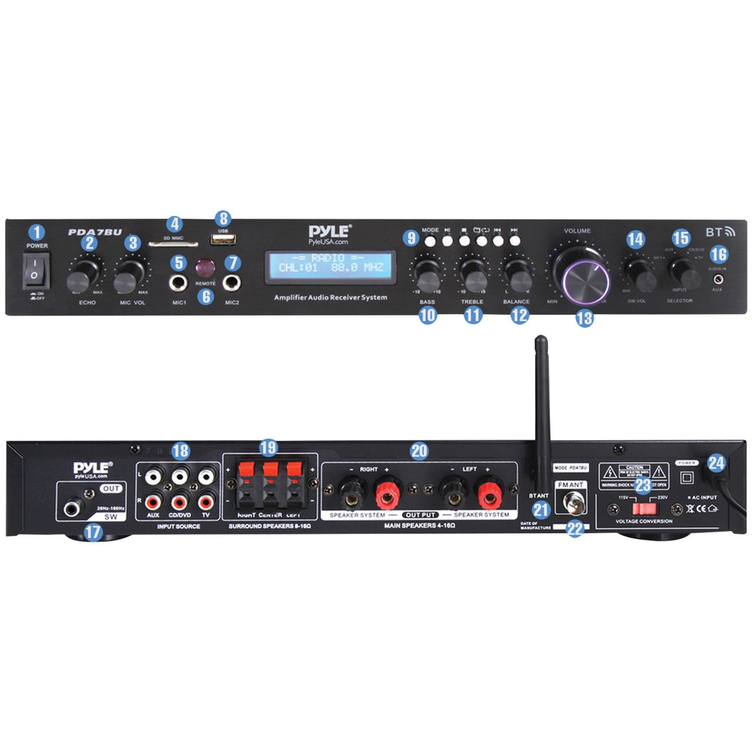 Pyle 2.1-Channel 200W Bluetooth Stereo Amplifier Receiver with FM Radio, USB/SD, Mic Inputs & Remote - view 2