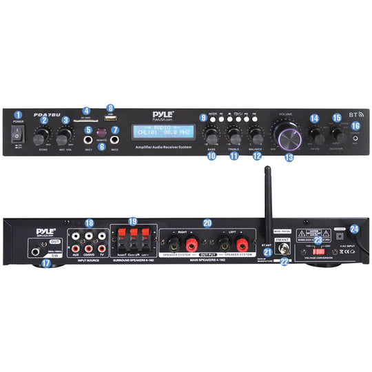 Pyle 2.1-Channel 200W Bluetooth Stereo Amplifier Receiver with FM Radio, USB/SD, Mic Inputs & Remote - view 2