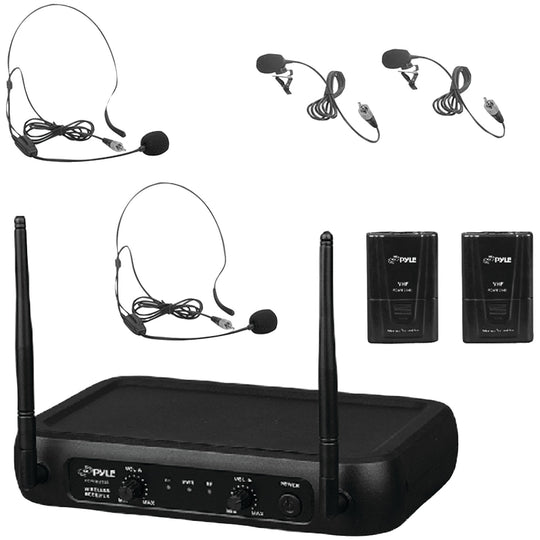 Pyle Dual-Channel VHF Wireless Microphone System with 2 Lavalier & 2 Headset Mics