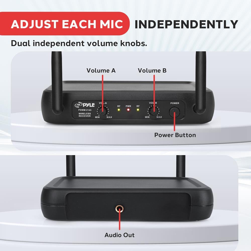 Pyle Dual-Channel VHF Wireless Microphone System with 2 Lavalier & 2 Headset Mics - view 9