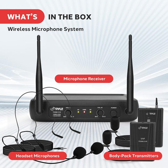 Pyle Dual-Channel VHF Wireless Microphone System with 2 Lavalier & 2 Headset Mics - view 12