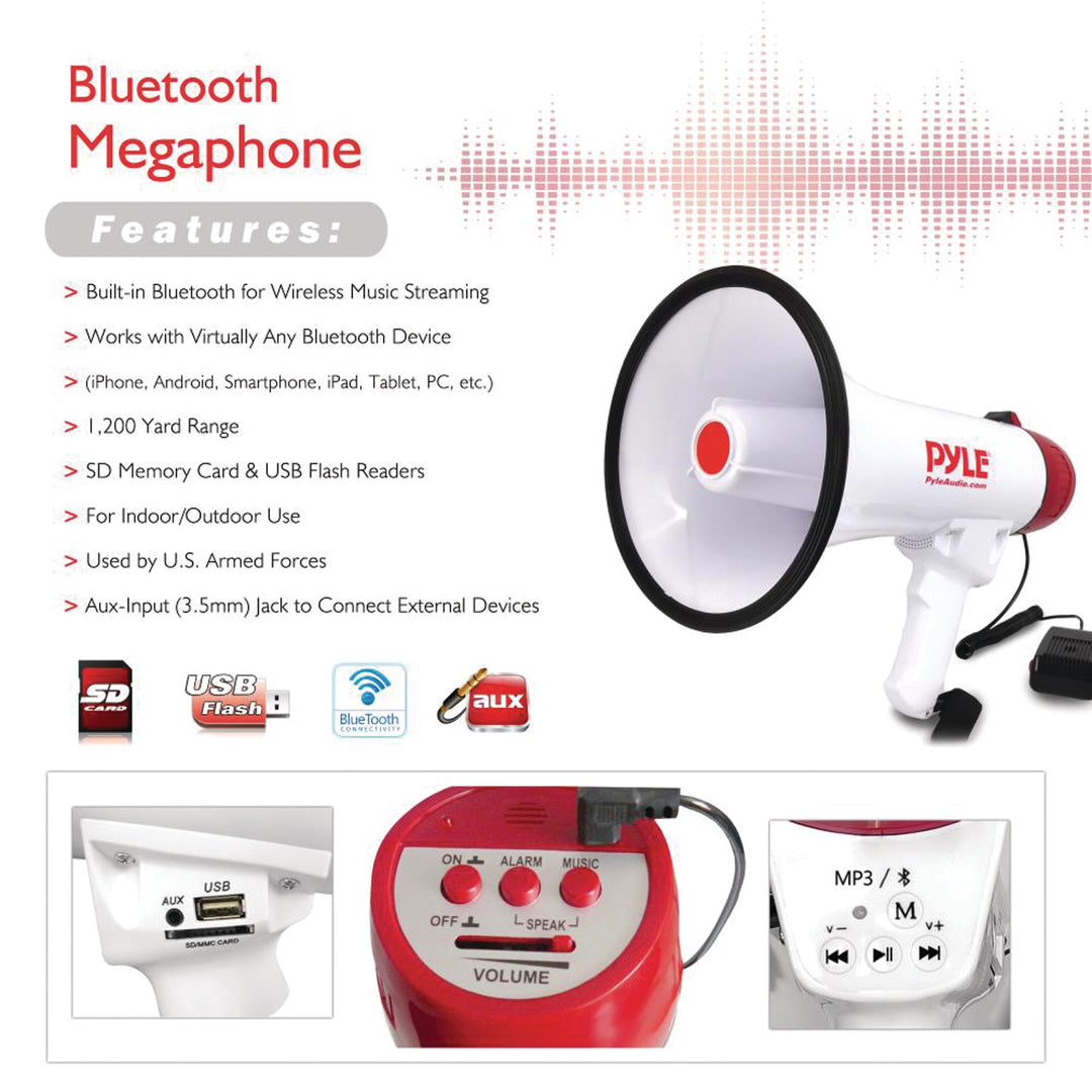 Pyle 40W Bluetooth Megaphone Bullhorn with Siren, USB/SD Player & Aux Input - view 5