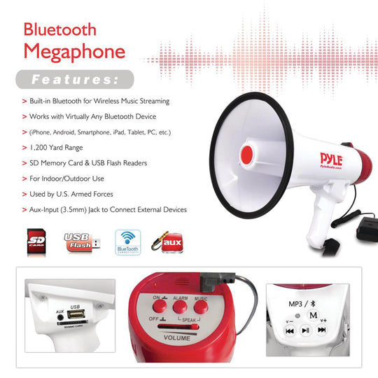 Pyle 40W Bluetooth Megaphone Bullhorn with Siren, USB/SD Player & Aux Input - view 5