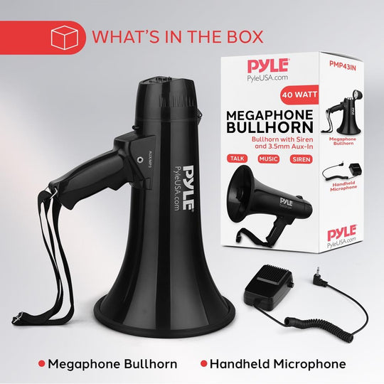 Pyle 40W Megaphone Bullhorn with Siren, Aux Input & Handheld Mic - view 7