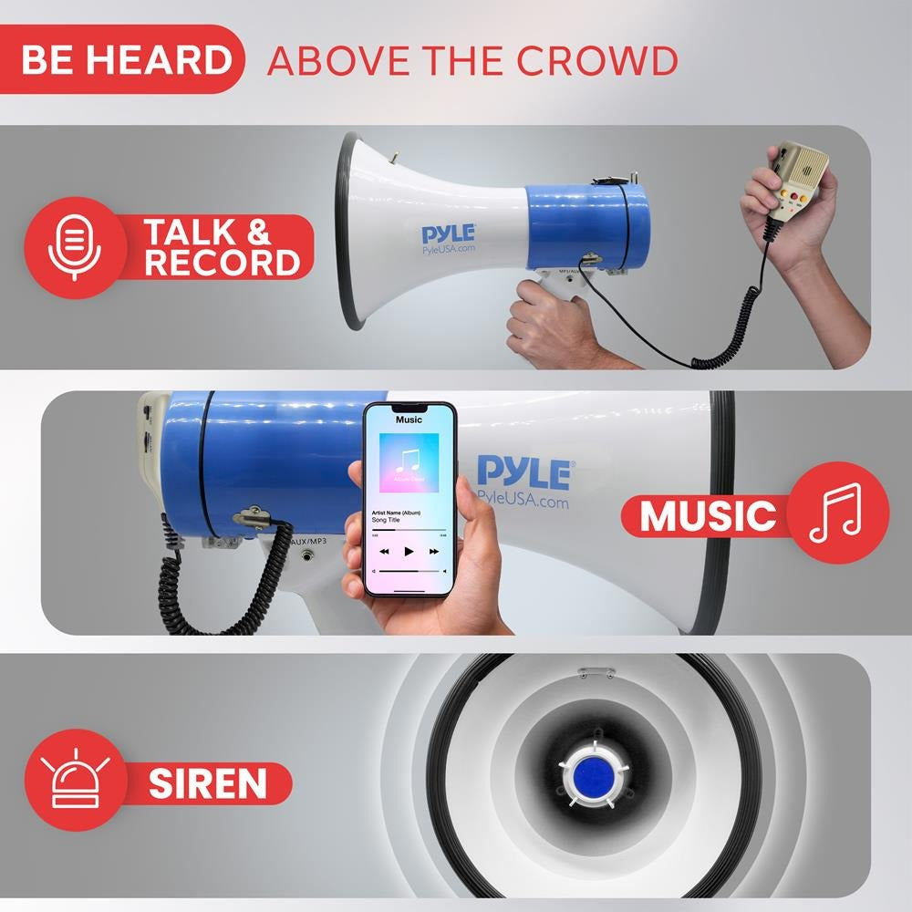 Pyle 50W Rechargeable Megaphone Bullhorn with Record, Siren & Talk Modes - view 7