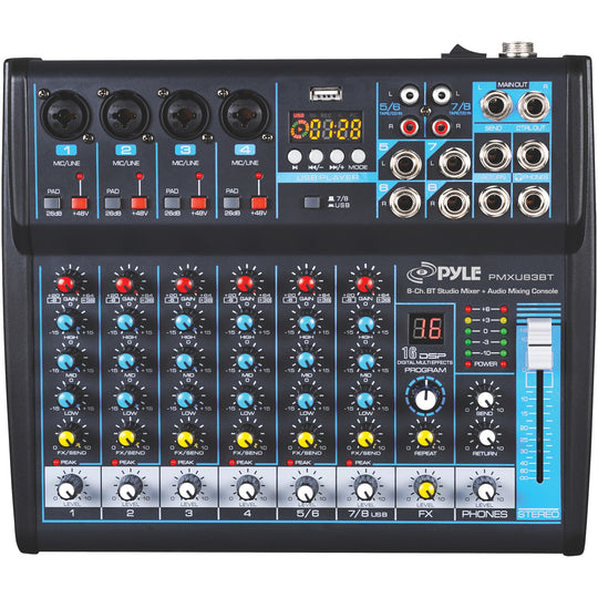 Pyle 8-Channel Bluetooth DJ & Studio Mixer with DSP Effects, USB Recording & LCD Display