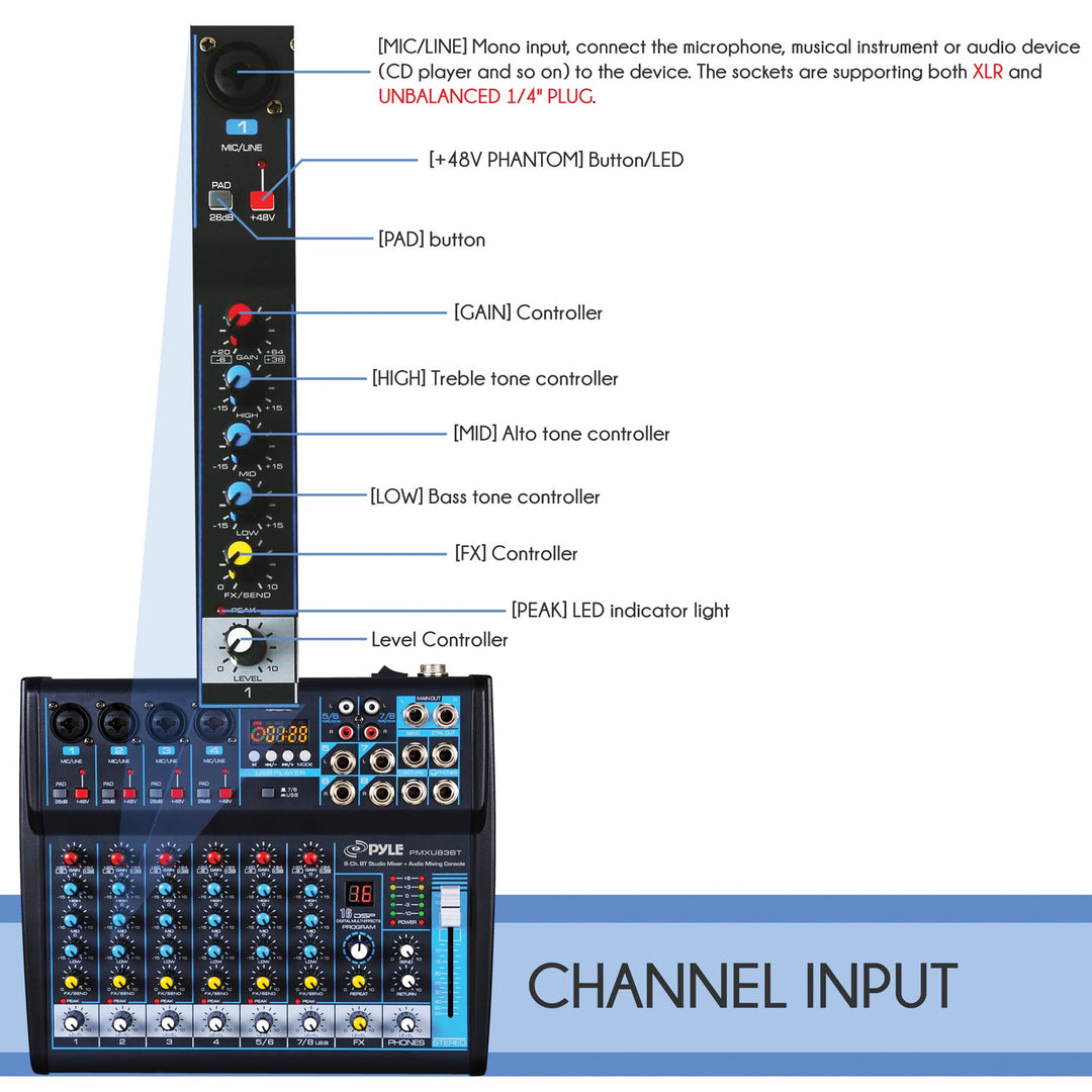 Pyle 8-Channel Bluetooth DJ & Studio Mixer with DSP Effects, USB Recording & LCD Display - view 6