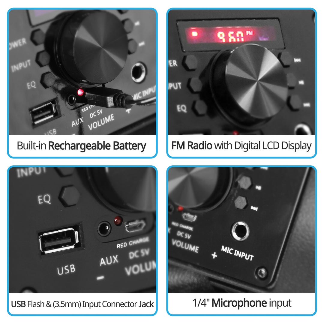 Pyle Portable Bluetooth PA Speaker & Microphone System with LED Lights, FM Radio & Rechargeable Battery - view 4