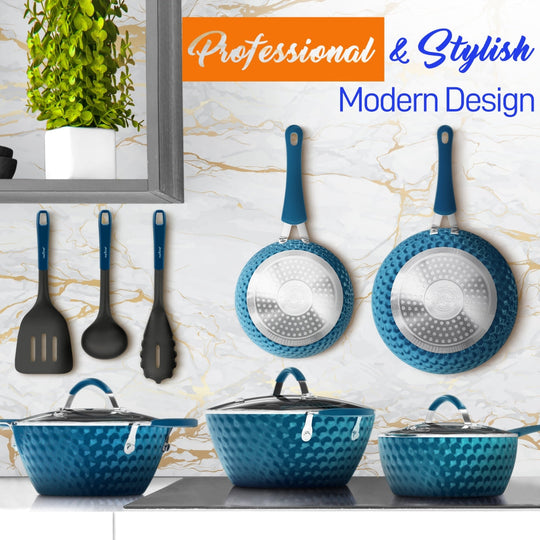 NutriChef 11-Piece Diamond Nonstick Cookware Set, Blue - view 2