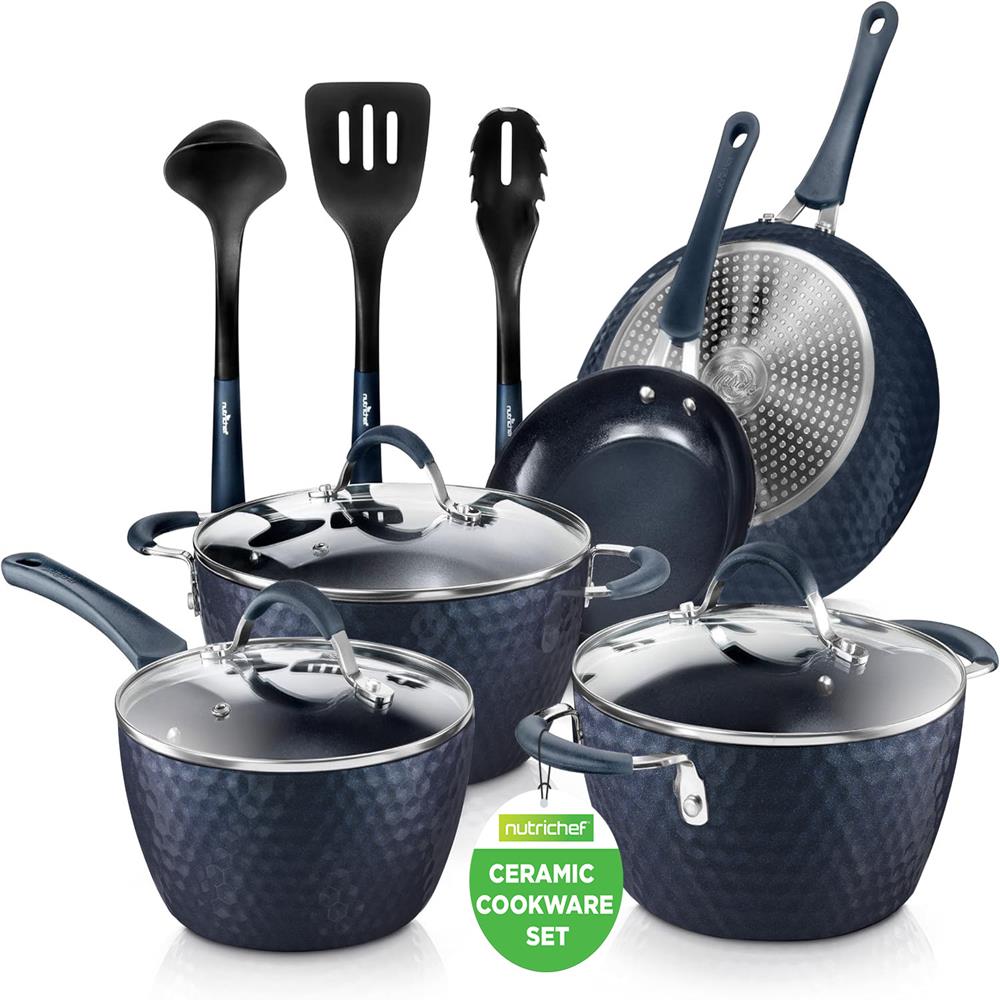NutriChef 11-Piece Diamond Nonstick Cookware Set, Dark Blue - view 2