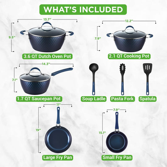 NutriChef 11-Piece Diamond Nonstick Cookware Set, Dark Blue - view 4