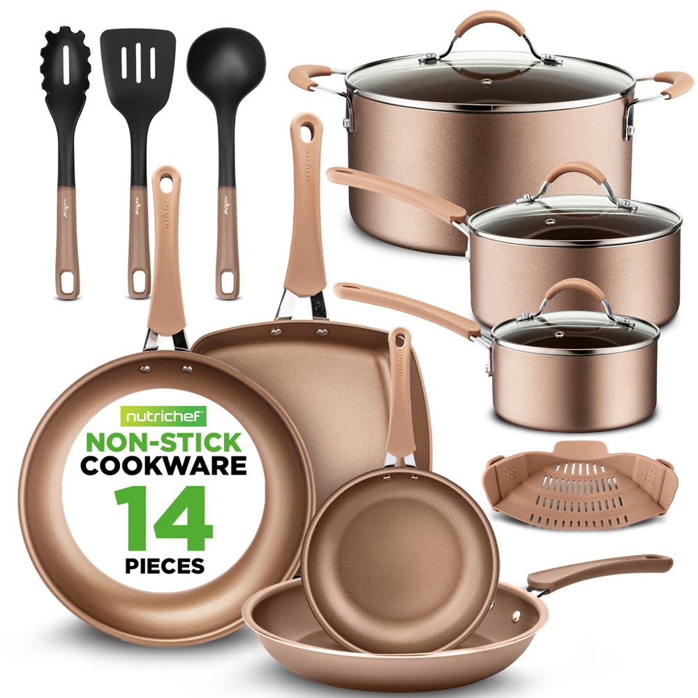NutriChef 14-Piece Ceramic Nonstick Cookware Set, Gold - view 2