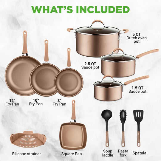 NutriChef 14-Piece Ceramic Nonstick Cookware Set, Gold - view 7