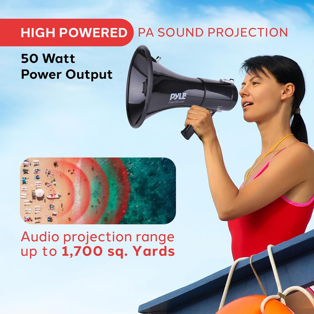 Pyle 50W Megaphone Bullhorn with Siren, Aux Input & Handheld Mic - view 3